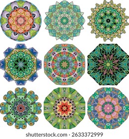 Set of colorful cute Mandalas. Decorative unusual round ornaments.