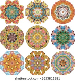 Set of colorful cute Mandalas. Decorative unusual round ornaments.