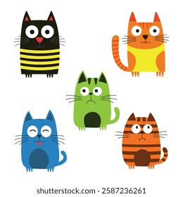 Set of Colorful Cute Naughty Cat Animal Cartoon Character with Curious Expression