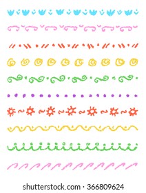 Set of colorful cute ornament stripes. Wax crayon chalk hand drawn patterned background. Group of fun hand drawing vector pattern. Pastel chalk child's hand drawn design elements.