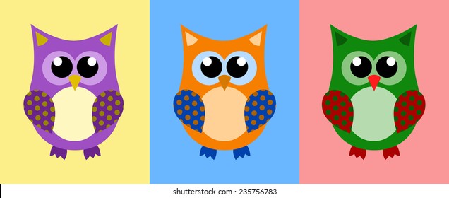 Set of colorful cute owls. Collection of three adorable cartoon bird owl. purple, orange / blue and green / red color design, wings of dots. vector art image illustration, isolated on background