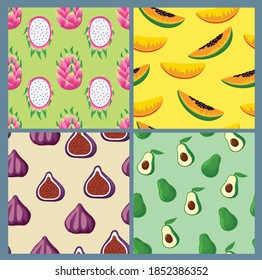 Set of colorful cute patterns with exotic, tropical fruits, dragon fruits, avocado seamless vector textures. 