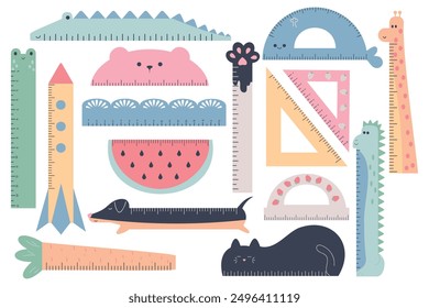 Set of colorful cute school rulers. Animal shaped rulers, triangular rulers, protractors. Kawaii school supplies concept.