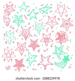 A set of colorful cute stars. Objects of different shapes, sizes, and patterns. Hand-drawn elements. Doodle style vector.