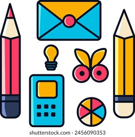 Set of colorful and cute stationery, pencil, calculator, scissors, lamp, and chart