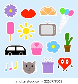 Set of colorful cute stickers. Awesome flat design. Nice retro TV, ice cream, bus, cat, present, sun, flower, lips, orange, balloons, heart, cupcake. Cool vector illustration