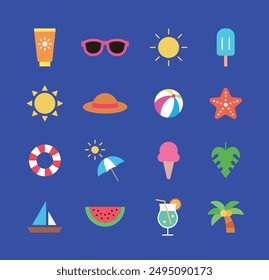 A set of colorful and cute summer concept icon illustrations. Ice cream, watermelon, starfish, sun, tube, parasol, sunscreen, sunglasses, palm tree, drink, boat, hat.