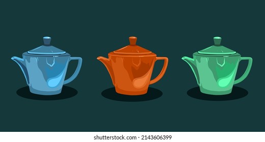 set of colorful cute teapots vector illustration isolated on green background. orange, blue, green teapots. tea tradition vector