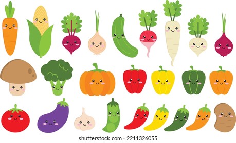 Set colorful cute vegetables illustration with face collection flat design. Kawaii veggies character editable