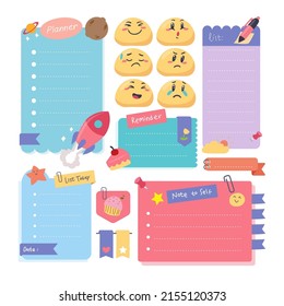 Set Of Colorful Cute Vintage Baby Daily Planner Scrapbook Memo Note Paper Schedule Template Sticker Label Or Symbol Set Element Bundle, Paper Sheet With To Do List, Isolated Background