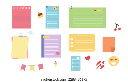 Set of Colorful Cute Vintage Baby Daily Planner Scrapbook Memo Note Paper Schedule Template Sticker Label or symbol set element bundle, Paper sheet with to do list, Isolated Background