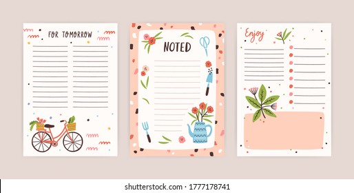 Conjunto de planificadores diarios coloridos con lugar para ilustración plana vectorial de texto. Colección de hojas vacías para notas decoradas con elementos de diseño aislados. Páginas del programador u organizador