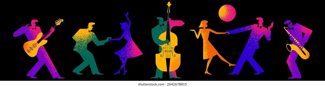 set of colorful dancing people and musicians with a texture on a black background. abstract textured silhouettes of people at a disco. stock vector illustration. EPS 10.
