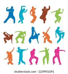 Set of colorful dancing street dance silhouettes in urban style on white background  vector illustration