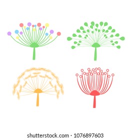 set of colorful dandelion fluff isolated on white, stock vector illustration