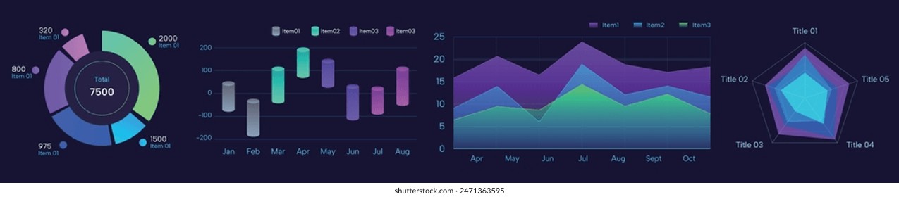 set of colorful dark cool pie chart, visual chart