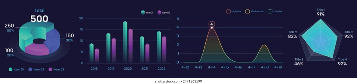 set of colorful dark cool pie chart, visual chart