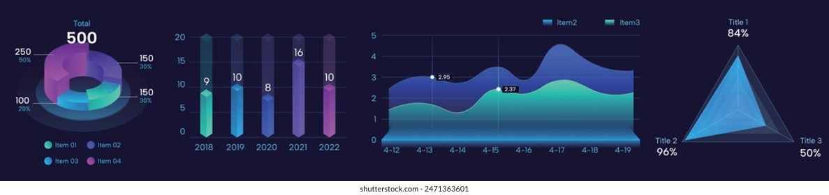 set of colorful dark cool pie chart, visual chart