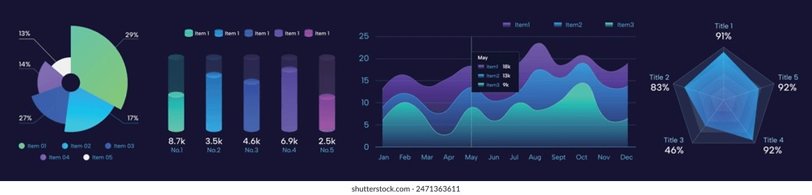 set of colorful dark cool pie chart, visual chart