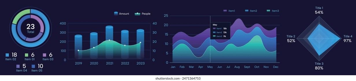 set of colorful dark cool pie chart, visual chart