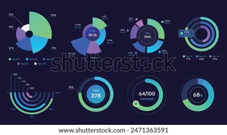 set of colorful dark cool pie chart, visual chart