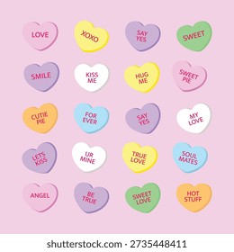 Set of colorful Valentine’s Day candy heart illustrations with romantic phrases. Cute flat vector sweets isolated on white, perfect for love cards, stickers, prints, packaging, invitations, and festive designs.