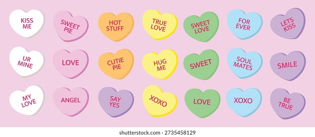 Set of colorful Valentine’s Day candy heart illustrations with romantic phrases. Cute flat vector sweets isolated on white, perfect for love cards, stickers, prints, packaging, invitations, and festive designs.