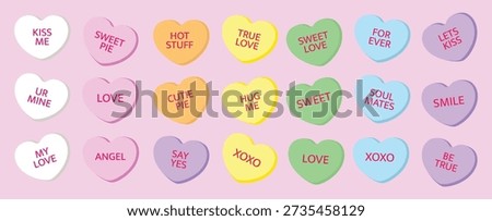 Set of colorful Valentine’s Day candy heart illustrations with romantic phrases. Cute flat vector sweets isolated on white, perfect for love cards, stickers, prints, packaging, invitations, and festive designs.