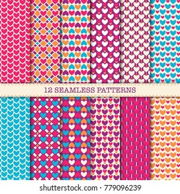 Set of colorful Valentine’s Day seamless patterns. Hearts love wedding background, wallpaper, backdrop.