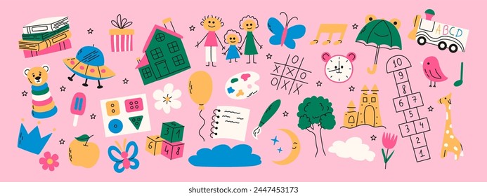 Set of colorful daycare doodle. Book, hopscotch, toys, flower, umbrella, house, clock and other elements.