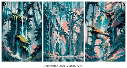 Set of colorful deciduous forests with waterfalls. Vector stylized illustration. Forest landscape in blissful forests.