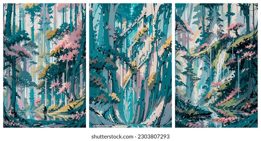 Set of colorful deciduous forests with waterfalls. Vector stylized illustration. Forest landscape in blissful forests.