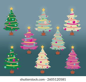set of colorful Decorated cartoon Christmas trees, pines for greeting card, invitation, banner, web. New Years and Christmas traditional symbol tree with garlands, light bulb, star. Winter holiday. 
