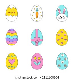 Set of colorful decorated cartoon Easter eggs in cartoon eggs.