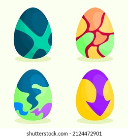 Set of colorful decorated cartoon Easter Eggs that have x, breaking, colorful smoke, and down arrow skins , illustration vector event festival items.