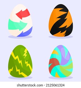 Set of colorful decorated cartoon Easter Eggs that have three arrow, orange wing, thunders, swirl circle, illustration vector event festival items.