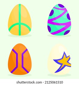 Set of colorful decorated cartoon Easter Eggs that have neon peace sign, pastel skin, orange armor, yellow star, illustration vector event festival items.