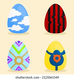 Set of colorful decorated cartoon Easter Eggs that have sky background, grid, pastel tribe, yellow skin, illustration vector event festival items.