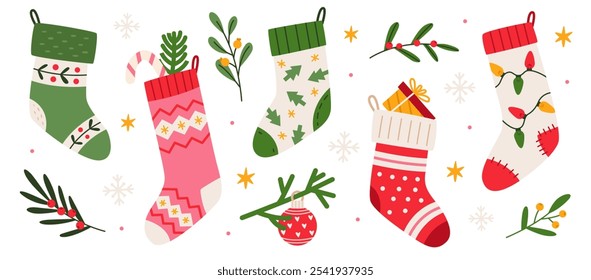 Set of colorful decorated christmas socks. Christmas stocking, sock shaped bags for winter holidays design. Flat vector illustration isolated on white background.