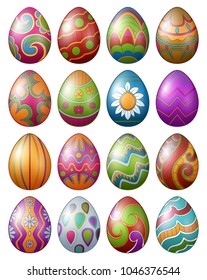 Set of colorful decorated easter eggs isolated on white background