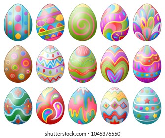 Set of colorful decorated easter eggs isolated on white background