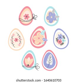 Set Colorful decorated Easter eggs and spring flowers for Happy Easter. Scandinavian hand drawn style. Vector illustration. Festive collection of decorative elements isolated on a white background.