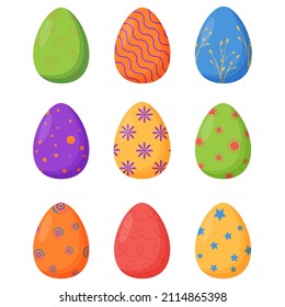 Set of colorful decorated Easter eggs isolated on a white background. Spring holiday. Happy easter eggs. Seasonal celebration.