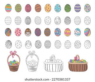 Set of colorful decorated Easter eggs and baskets, flat color with black outlines and black and white version, vector holiday celebration illustrations, isolated on a white background.