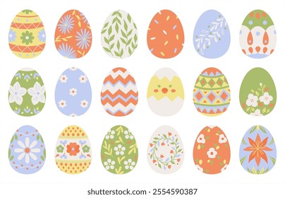 Set of colorful decorated Easter eggs with floral, geometric, and seasonal patterns. Flat illustration style. Easter celebration and springtime holiday concept.