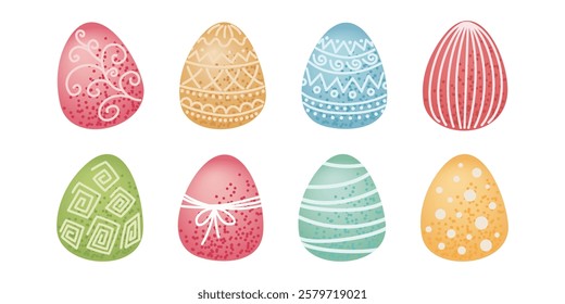 Set of colorful decorated Easter eggs with intricate patterns and textures. Easter celebration design for greeting card, invitation, poster, and print. Flat vector illustration. 