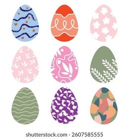 Set of colorful decorated Easter eggs with floral, geometric, and seasonal patterns. Flat illustration style. Easter celebration and springtime holiday concept.
