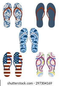 Set of colorful, decorated flip flops, EPS 10 contains transparency.