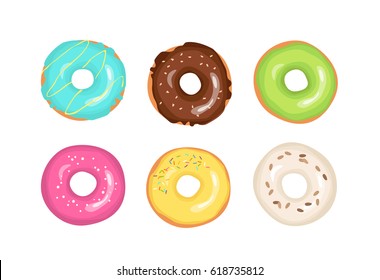Set of colorful decorated sweet delicious cartoon vector donuts on white background