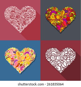 Set of colorful decoration hearts with a pattern inside. Vector illustration.